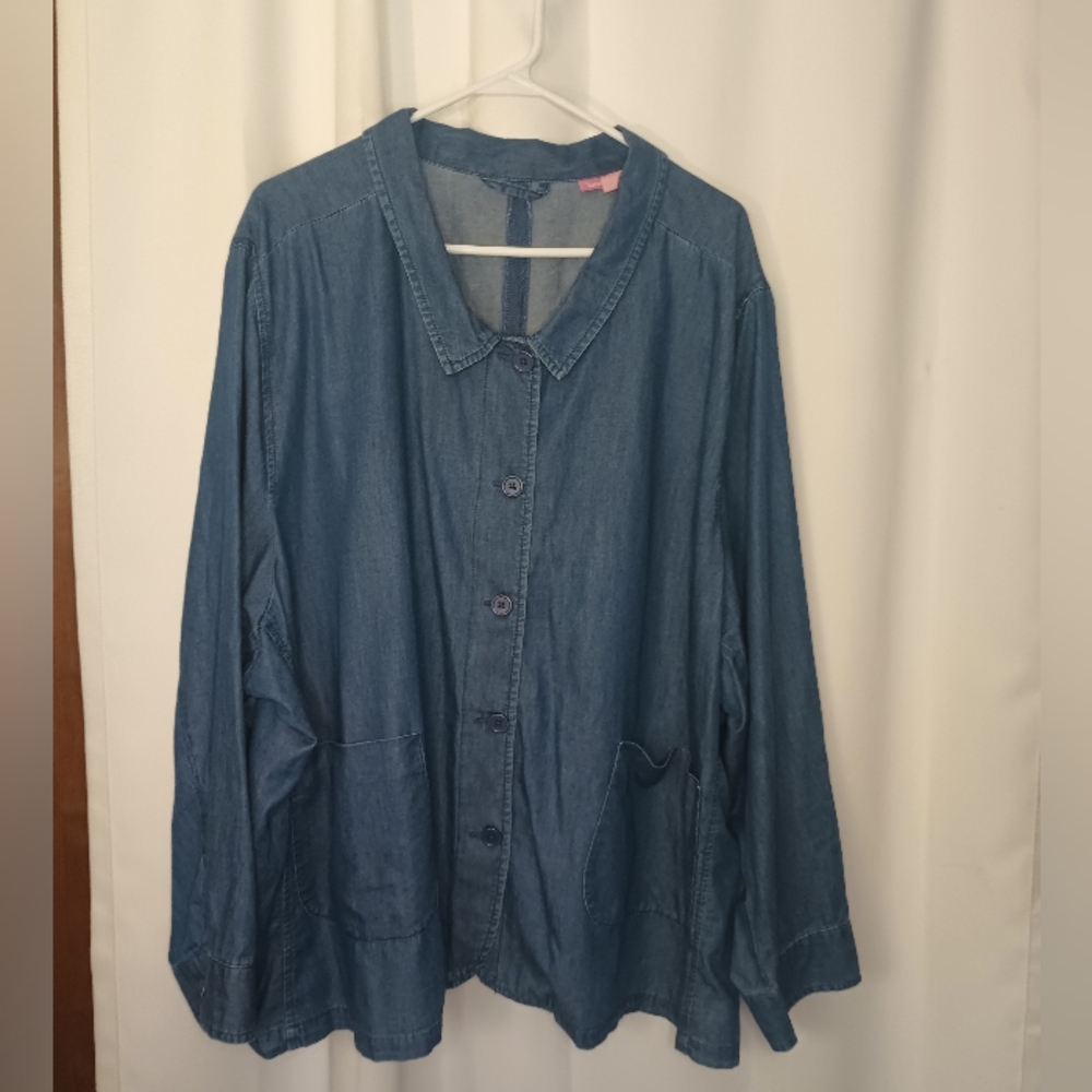Woman Within Chambray Denim Shacket 3X Button Pocket Relaxed Lightweight Fall